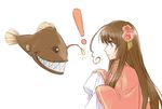  1girl ahoge anglerfish axis_powers_hetalia bangs brown_eyes brown_hair changpao chinese_clothes demmy fish flower grin hair_flower hair_ornament long_hair long_sleeves sharp_teeth simple_background sleeves_past_wrists smile solo taiwan_(hetalia) teeth 