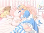  alice_(wonderland) alice_in_wonderland animal_ears bed blonde_hair blue_eyes blush cat_ears cat_tail chibimame headdress long_hair lying solo striped striped_legwear stuffed_animal stuffed_bunny stuffed_toy tail teddy_bear thighhighs 