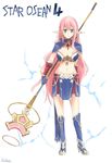  boots breasts cleavage copyright_name dama earrings elf engrish full_body gloves green_eyes jewelry knee_boots large_breasts long_hair midriff myuria_tionysus navel pink_hair pointy_ears ranguage simple_background solo staff standing star_ocean star_ocean_the_last_hope tattoo 