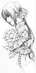  axis_powers_hetalia bone flower greyscale hair_flower hair_ornament long_hair lotus monochrome ponytail scan scan_artifacts solo spine sweetcrescent traditional_media vietnam_(hetalia) vietnamese_dress 