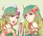  9wa bad_id bad_pixiv_id bare_shoulders breasts cleavage dual_persona final_fantasy final_fantasy_iv final_fantasy_iv_the_after green_hair hair_ornament long_hair medium_breasts multiple_girls older open_mouth purple_eyes rydia symmetry time_paradox 