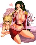  amazon black_eyes black_hair blonde_hair blush boa_hancock breasts cape cleavage earrings fur groin heart horns jewelry kneeling large_breasts long_hair marguerite multiple_girls navel nekoguchi one_piece salome_(one_piece) short_hair skull snake top-down_bottom-up 