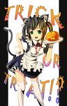  animal_ears apron bad_id bad_pixiv_id brown_hair cat_ears fang green_eyes halloween hand_on_hip highres jack-o'-lantern leaning maid original pumpkin solo supertie tail thighhighs trick_or_treat twintails zettai_ryouiki 