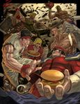  abs america bad_deviantart_id bad_id bald balrog black_hair blonde_hair claws crate cuffs dog_tags epic eyepatch food guile hamburger handcuffs hat headband holding_pizza jessada_sutthi ken_masters ketchup knife male_focus mask multiple_boys muscle parody pizza ryuu_(street_fighter) sagat scar street_fighter tattoo turkey_(food) vega 