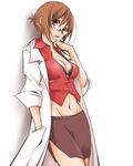  alternate_hairstyle bespectacled breasts brown_hair cleavage doctor glasses hair_up kurota labcoat lowres medium_breasts meiko midriff pencil_skirt short_hair side_slit simple_background skirt solo vocaloid 