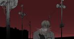  axis_powers_hetalia blonde_hair breath cityscape cold gloves hands joanna_krotka loudspeaker male_focus monochrome power_lines purple_eyes red_background red_eyes red_sky russia_(hetalia) scarf sky solo spot_color telephone_pole 