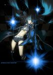  2h5roa bad_id bad_pixiv_id bikini_top black_hair black_rock_shooter black_rock_shooter_(character) boots burning_eye coat engrish flat_chest long_hair midriff pale_skin ranguage shorts solo twintails uneven_twintails very_long_hair 