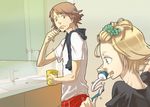  blonde_hair blue_eyes brown_eyes brown_hair brushing_teeth cup hanamura_yousuke hoe_(dbp) kuma_(persona_4) multiple_boys persona persona_4 short_hair sink toothbrush toothpaste 