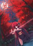  bad_hands dutch_angle foreshortening japanese_clothes kimono leaf long_hair maple_leaf moon noi obi outstretched_arm red red_eyes red_hair sash shakugan_no_shana shana solo sword tree wading water weapon 