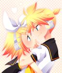  1girl brother_and_sister couple eye_contact hetero hug incest kagamine_len kagamine_rin kiri_futoshi looking_at_another short_hair siblings twincest twins vocaloid 