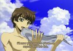  boy code_geass comedy fake fish funny kururugi_suzaku male outdoors outside smile subtitled topless 