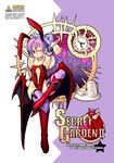  alternate_legwear animal_ears armpits artist_request bat_wings bunny_ears clock demon_girl flat_chest leotard lilith_aensland purple_hair red_eyes red_leotard short_hair solo succubus tea thighhighs vampire_(game) wings 