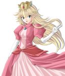 bad_id bad_pixiv_id blonde_hair crown dress elbow_gloves gloves green_eyes highres jewelry long_hair mario_(series) open_mouth pink_dress princess_peach smile solo super_mario_bros. tamamon 