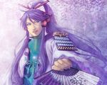 blue_eyes fan headphones headset kamui_gakupo kinoeneko long_hair male_focus ponytail purple_hair smile solo vocaloid 