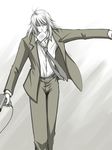  beshiexe dissidia_final_fantasy final_fantasy final_fantasy_i food food_in_mouth formal hair_dryer late_for_school male_focus monochrome mouth_hold necktie school_uniform solo suit toast toast_in_mouth warrior_of_light 