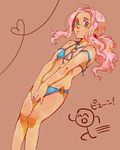  bikini blush breasts covering covering_crotch darry_adai heart heart_of_string hikiya long_hair medium_breasts pink_hair ponytail running_emoticon solo sweatdrop swimsuit tan tengen_toppa_gurren_lagann 