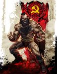  beard boots brown_hair facial_hair fikkoro green_eyes hammer_and_sickle male_focus manly mohawk muscle scar solo street_fighter zangief 