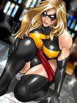  black_legwear blonde_hair breast_press breasts carol_danvers covered_nipples elbow_gloves gloves huge_breasts kat's kneeling leotard long_hair marvel mask ms._marvel ms._marvel_(series) sash signature solo thighhighs 