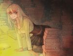  all_fours arm_support bangs blonde_hair book book_stack dark_room green_eyes kneeling leaning_forward light light_particles looking_at_viewer pantyhose paper pixiv_fantasia pixiv_fantasia_t pleated_skirt sagi shirt skirt smile solo traditional_media watercolor_(medium) 