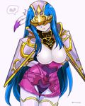  1girl armor atlus blue_hair breasts female fire_emblem genei_ibunroku_#fe long_hair megami_tensei nintendo panties sheeda sheeda_(gir#fe) simple_background smile underwear 