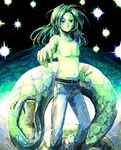  boots evra_von green_eyes green_hair long_hair male_focus outstretched_arm scales skn_nks smile snake solo star the_saga_of_darren_shan topless 