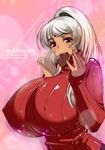  blush breasts erect_nipples gigantic_breasts gradient gradient_background impossible_clothes impossible_shirt jpeg_artifacts lipstick long_hair makeup mouth_hold ponytail red_eyes red_sweater ribbed_sweater sanskrit shirt silver_hair smile solo sweater takahashi_record 