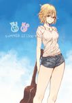  allison_(summer_lesson) blonde_hair blue_eyes breasts denim denim_shorts guitar hrd instrument jewelry looking_at_viewer medium_breasts necklace short_hair short_shorts shorts smile solo summer_lesson thighs 