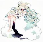  bad_id bad_pixiv_id bird cloud dress green_eyes green_hair hands_on_own_knees legs_folded light_smile long_hair looking_to_the_side original rain silhouette simple_background sitting solo tofuvi very_long_hair white_background 