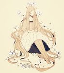  absurdly_long_hair ahoge bad_id bad_pixiv_id blonde_hair bug butterfly closed_eyes flower full_body hands_on_own_knees insect long_hair original pantyhose photosynthesis plant_girl shoes short_sleeves simple_background sitting sketch solo sweater tofuvi very_long_hair yellow_background 
