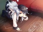  all_fours animal_ears black_legwear cat_ears cat_tail chalk commentary_request couch doodle flat_cap gengetsu_chihiro grey_eyes hat hibiki_(kantai_collection) highres kantai_collection kemonomimi_mode long_hair open_mouth pantyhose paw_pose school_uniform serafuku shirt silver_hair skirt solo tail very_long_hair 