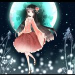  adapted_costume bad_id bad_pixiv_id bamboo bangs black_footwear black_hair blush bow floating flower frilled_skirt frills full_moon hair_flower hair_ornament highres hime_cut houraisan_kaguya kneehighs leg_up letterboxed light_particles long_hair long_legs long_skirt long_sleeves looking_at_viewer maroon_skirt mary_janes moon moonlight pink_legwear pink_shirt red_eyes red_skirt seiu_(aoame) shirt shoes skirt smile solo star_(sky) touhou wide_sleeves 