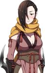  1girl arm_blade black_hair blush breasts brown_eyes cleavage female fire_emblem fire_emblem_if hair_over_one_eye kagerou_(fire_emblem_if) large_breasts looking_at_viewer official_art scarf simple_background solo upper_body weapon 