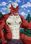  2015 anthro clothed clothing digimon dog_tags growlmon hair half-dressed male muscles open_mouth solo standing topless viruleince white_hair 