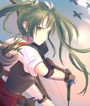  a6m_zero aircraft airplane antiqq arrow bow_(weapon) cloud expressionless green_eyes green_hair hair_ribbon holding kantai_collection long_hair looking_at_viewer muneate outdoors quiver ribbon short_sleeves sketch sky solo twintails upper_body weapon zuikaku_(kantai_collection) 