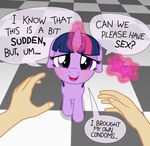  2015 absurd_res blush condom digital_media_(artwork) english_text equine female feral first_person_view friendship_is_magic fur hair hi_res horn horse human interspecies looking_at_viewer magic male mammal my_little_pony open_mouth pony purple_fur purple_hair smile text tongue twilight_sparkle_(mlp) unicorn vector zutheskunk 