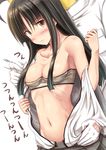  1girl bandeau bare_shoulders black_hair blush breasts brown_eyes cleavage collarbone hair_censor hair_over_breasts highres ichikawa_feesu kantai_collection long_hair looking_at_viewer medium_breasts navel off_shoulder shirt shouhou_(kantai_collection) sidelocks skirt stomach strapless t-head_admiral t-shirt 