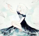  aiming bad_id bad_pixiv_id black_dress cloud cloudy_sky contrast dress frilled_dress frills green_hair hand_on_own_knee light_smile multicolored_hair ocean original paper_airplane partially_submerged personification sky solo squatting tofuvi two-tone_hair water white_background 