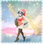  1girl absurdres black_hair boots christmas dated empty_eyes eyebrows_visible_through_hair finger_to_mouth full_body great_auk_(kemono_friends) hat highres holding holding_sack impossible_clothes kemono_friends long_hair long_sleeves looking_at_viewer merry_christmas miniskirt nokemono-san_(bocchi_friend) one_eye_closed purple_eyes sack santa_costume santa_hat signature skirt solo sparkle_background spotted_hair tail thigh_boots thighhighs very_long_hair white_skirt 