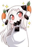  carrot commentary covered_mouth dress highres horns kantai_collection long_hair mittens northern_ocean_hime shinkaisei-kan simple_background sleeveless sleeveless_dress solo sparkle white_background white_hair yamato_nadeshiko 