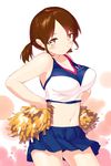  alternate_breast_size alternate_costume bangs blew_andwhite blush breasts brown_eyes brown_hair cheerleader heart highres kantai_collection looking_at_viewer low_twintails navel parted_bangs pleated_skirt pom_poms shirayuki_(kantai_collection) short_hair skirt smile solo twintails 