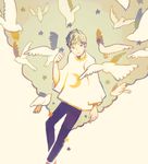  animal bad_id bad_pixiv_id beige_background bird blonde_hair crescent dove expressionless flock flying highres looking_to_the_side male_focus original pants personification sepia shirt simple_background smile solo star tofuvi too_many too_many_birds white_background white_shirt wide_sleeves 