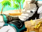  abs anthro beach biceps big_muscles black_fur black_hair blue_background blue_eyes claws clothed clothing discordnight fur hair half-dressed kunn(artist) looking_at_viewer male muscles pants pecs plain_background pose seaside sergal solo swimsuit teeth toe_claws topless white_fur 