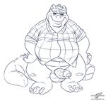  anthro balls bottomless clothed clothing digital_media_(artwork) dinosaur dinosaurs_(series) earl_sinclair erection half-dressed hands_on_hips humanoid_penis line_art looking_at_viewer lunch_box male monochrome overweight partially_retracted_foreskin penis scalie shirt signature smile solo uncut wolfblade 