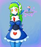  2015 amber_eyes anthro basketgardevoir big_breasts breasts clothing female gardevoir green_hair hair huge_breasts legwear long_hair maid maid_uniform nintendo pok&eacute;mon solo stockings video_games white_skin 