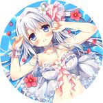  babydoll bare_shoulders blue_eyes blush flower hair_flower hair_intakes hair_ornament hair_ribbon long_hair looking_at_viewer lying navel on_back original pan_(mimi) parted_lips petals ribbon see-through silver_hair smile solo strap_slip upper_body water wet wrist_cuffs 