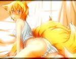  alternate_costume animal_ears arm_support ass bare_shoulders bed bed_sheet blonde_hair blush breasts curtains fox_ears fox_tail from_behind hair_between_eyes indoors light_rays looking_at_viewer looking_back medium_breasts multiple_tails no_hat no_headwear panties short_hair sleepwear sleeveless solo striped striped_panties tail tamahana tank_top thighs touhou triangle_mouth underwear underwear_only window yakumo_ran 