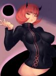  breasts covered_nipples darkness fumio_(rsqkr) horns lips looking_at_viewer medium_breasts mira_(world_trigger) navel no_panties red_eyes red_hair short_hair solo world_trigger 