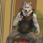  2012 5_fingers anthro beverage black_nose black_sclera blue_eyes canine chair claws clothed clothing ear_piercing fenrir_(rrowdybeast) fur looking_at_viewer male mammal necklace nipples pants piercing rrowdybeast shirt signature sitting smile solo tank_top teeth toned white_fur wolf 