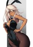  animal_ears bangs bare_shoulders black_leotard blonde_hair bow bowtie breasts bunny_ears bunnysuit cleavage commentary_request covered_navel dark_skin fake_animal_ears gradient gradient_background groin guilty_gear guilty_gear_xrd hair_between_eyes hand_on_hip hand_up highres leotard long_hair looking_at_viewer medium_breasts open_mouth pantyhose ramlethal_valentine sidelocks simple_background solo tail takanashi-a wrist_cuffs 