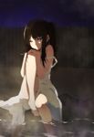  barefoot bba1985 blush brown_hair chitanda_eru dress hands_on_own_knee highres hyouka long_hair night nose_shade onsen ponytail purple_eyes sidelocks sitting soaking_feet solo strap_slip water wet white_dress 